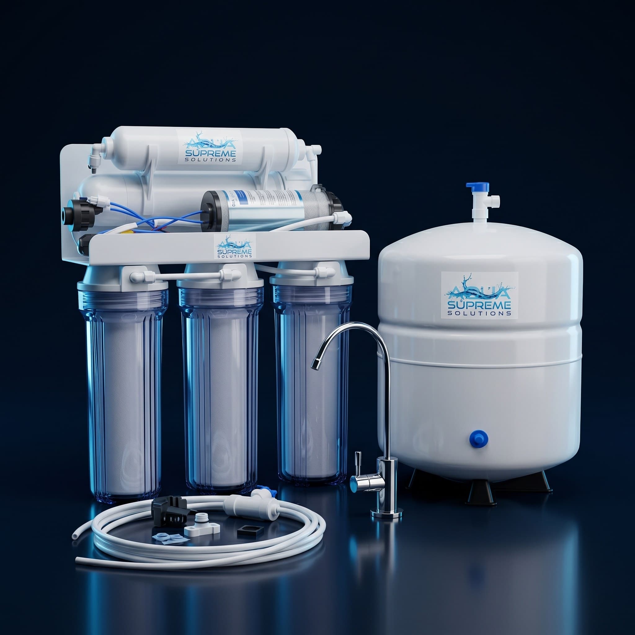 Aqua Supreme under-sink reverse osmosis system with multi-stage filters, storage tank, and chrome faucet