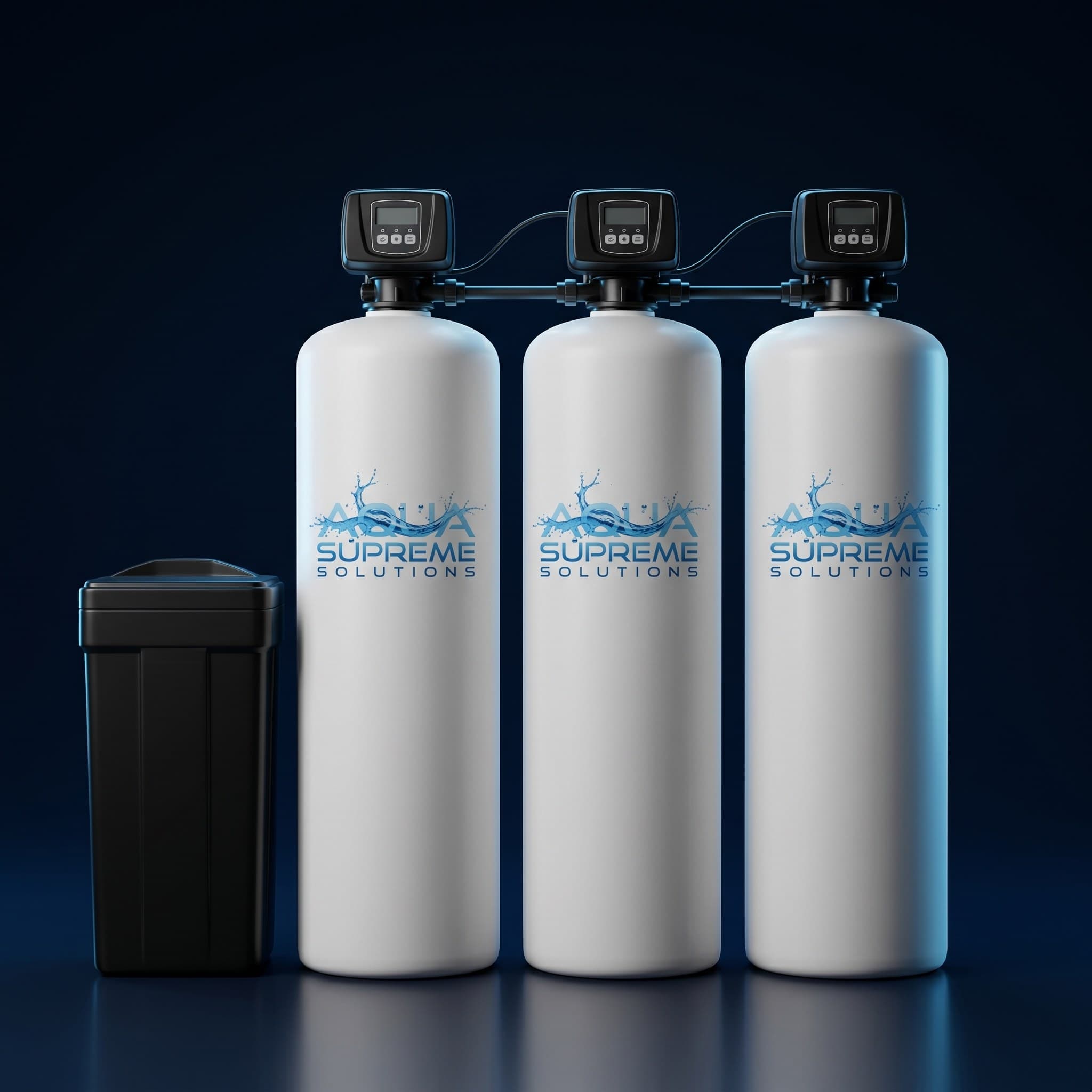 Aqua Supreme three-tank well water treatment system with electronic valves and brine tank